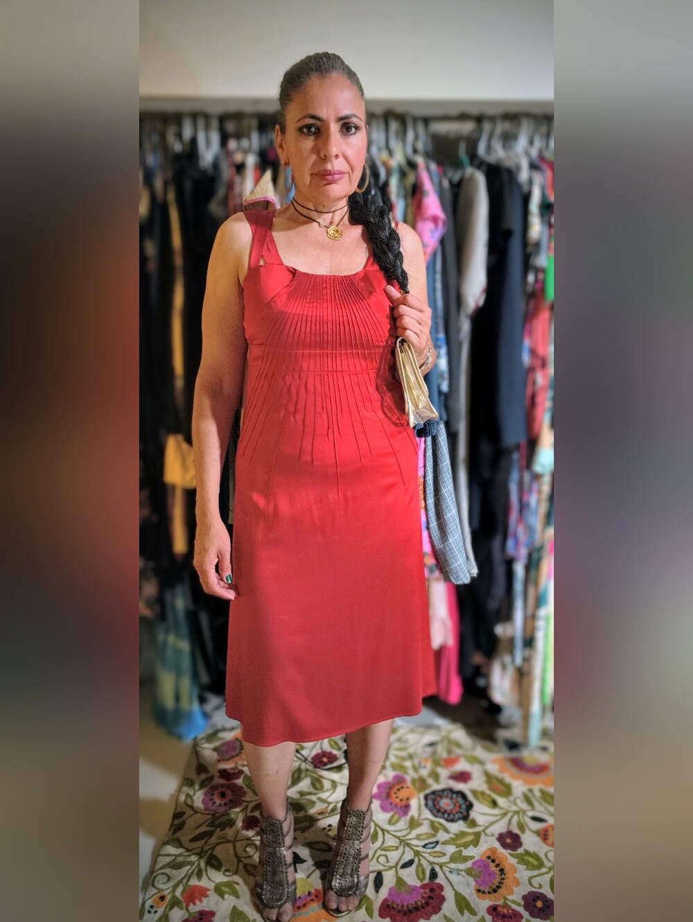 Josef Silk Sleeveless Red Pleated Front Midi Dress Size 8